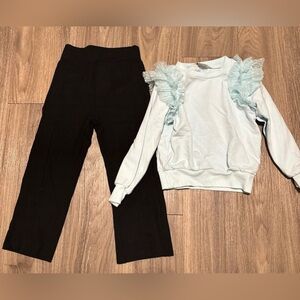 Light Blue Ruffle Shoulder Sweatshirt with Black Pants Set